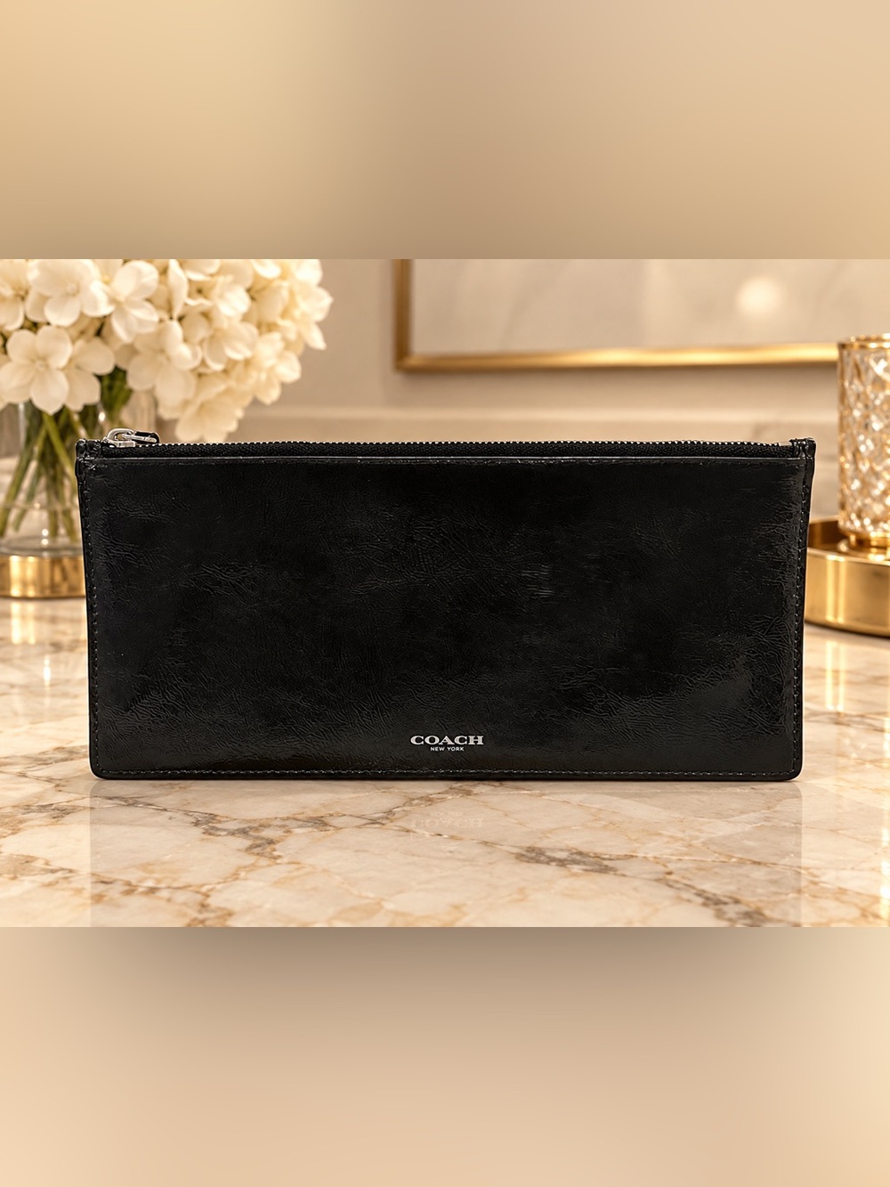 Coach Black Leather Slim Zip Pouch Clutch Organizer 9.5”